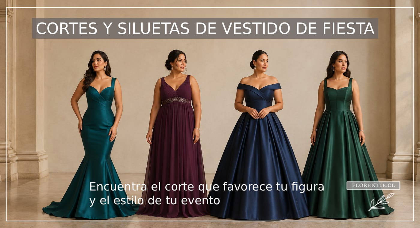 Cortes y siluetas de vestido de fiesta 2026 — guía completa Cuatro cortes de vestido de fiesta: sirena en verde azulado, imperio en morado, princesa hombros descubiertos en azul marino y línea A en verde oscuro