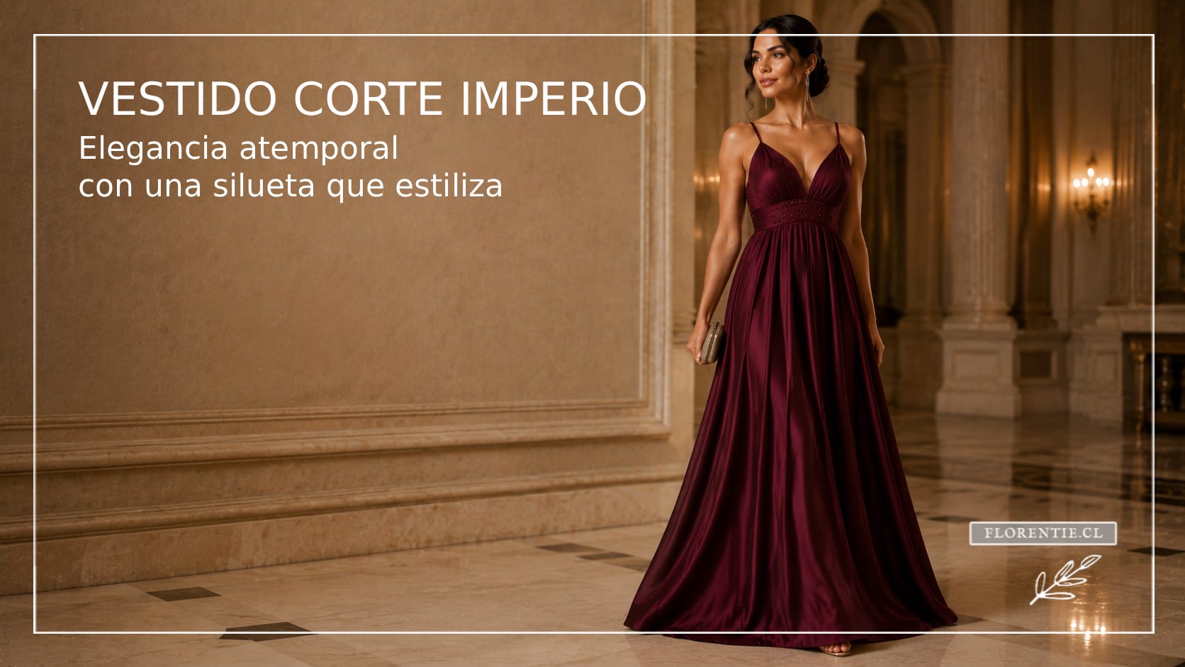 Vestido de fiesta color vino corte imperio con cintura alta bordada y falda de caída fluida