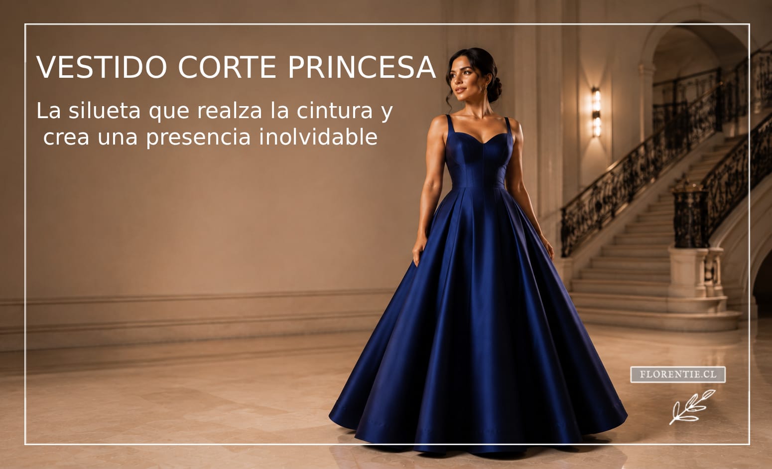 Vestido de fiesta azul marino corte princesa con costuras verticales y falda de vuelo progresivo desde la cadera