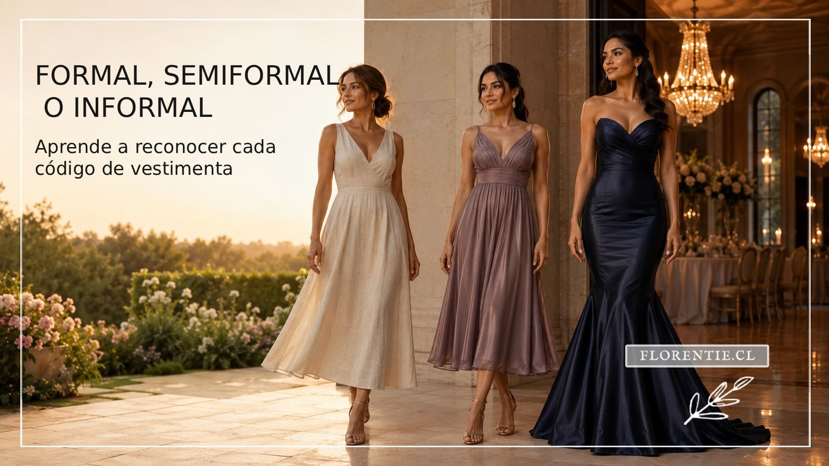Tres mujeres con vestidos que representan los códigos de vestimenta formal, semiformal e informal en una celebración de gala