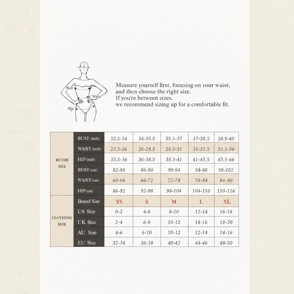 Tabla de medidas con tallas XS a XL indicando busto, cintura y cadera en centímetros y pulgadas