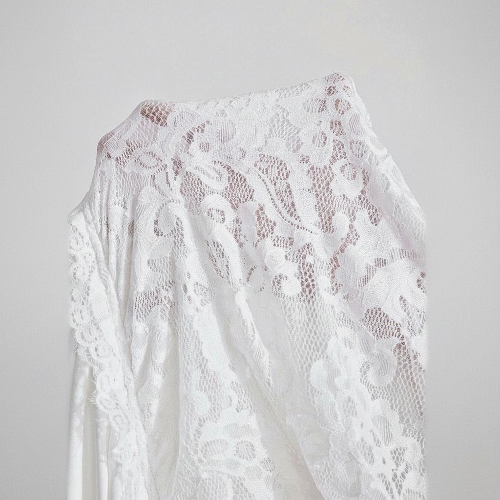 Detalle de la tela de encaje blanco con motivos florales y trama de red sobre fondo gris claro