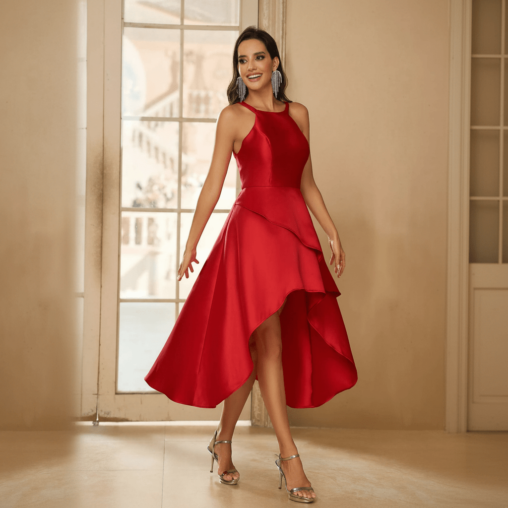 Vestido rojo satén halter con falda asimétrica de doble capa, modelo de cuerpo completo en movimiento