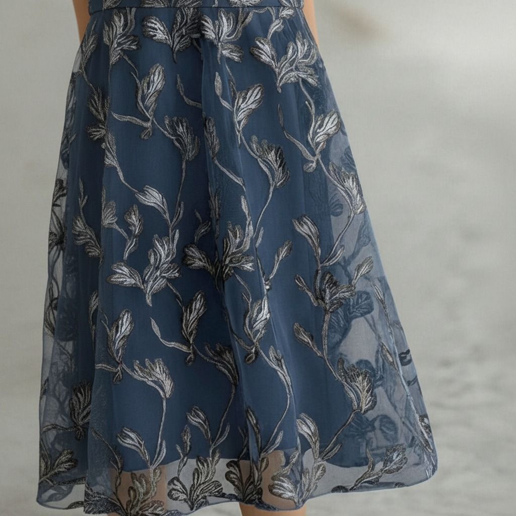 Primer plano de la falda evasé en tul azul acero con bordado floral plateado y transparencia parcial en el ruedo