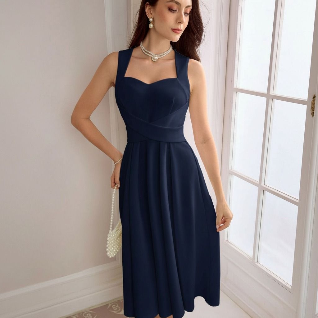 Primer plano del vestido azul marino mostrando cintura cruzada, tirantes anchos y escote corazón