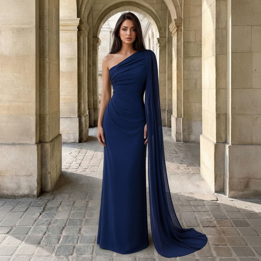 Vestido largo azul marino silueta columnar con escote asimétrico y capa de gasa en arcos de piedra