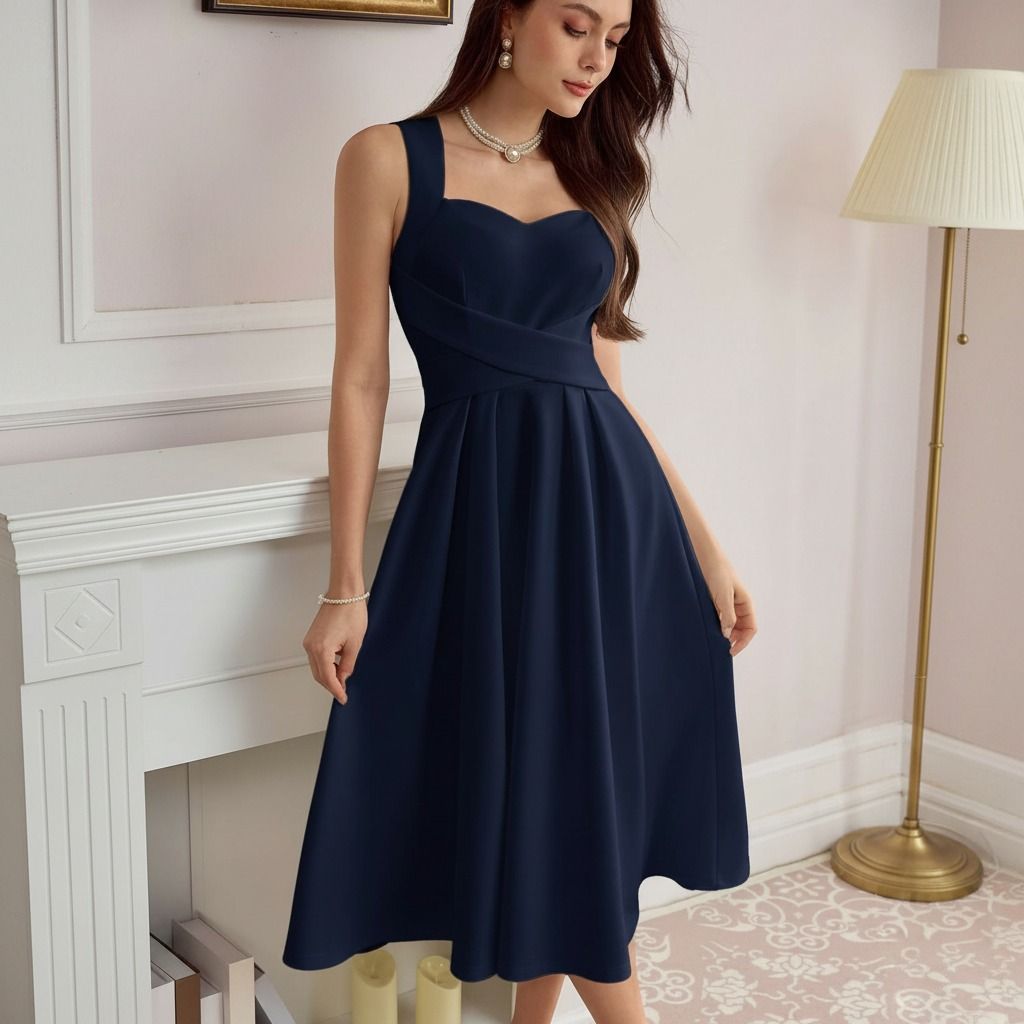 Detalle del escote corazón y cintura cruzada del vestido midi azul marino con tirantes anchos