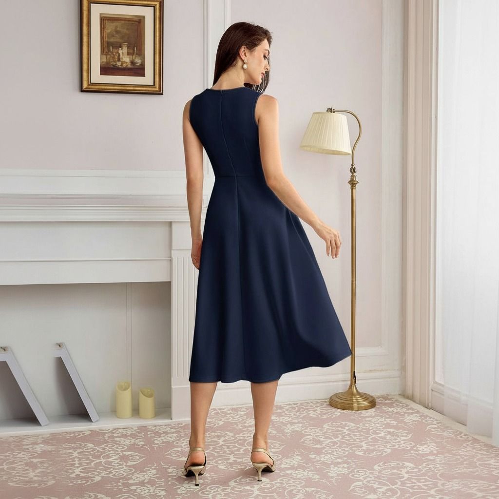 Vista posterior del vestido midi azul marino con espalda cerrada lisa y cierre central