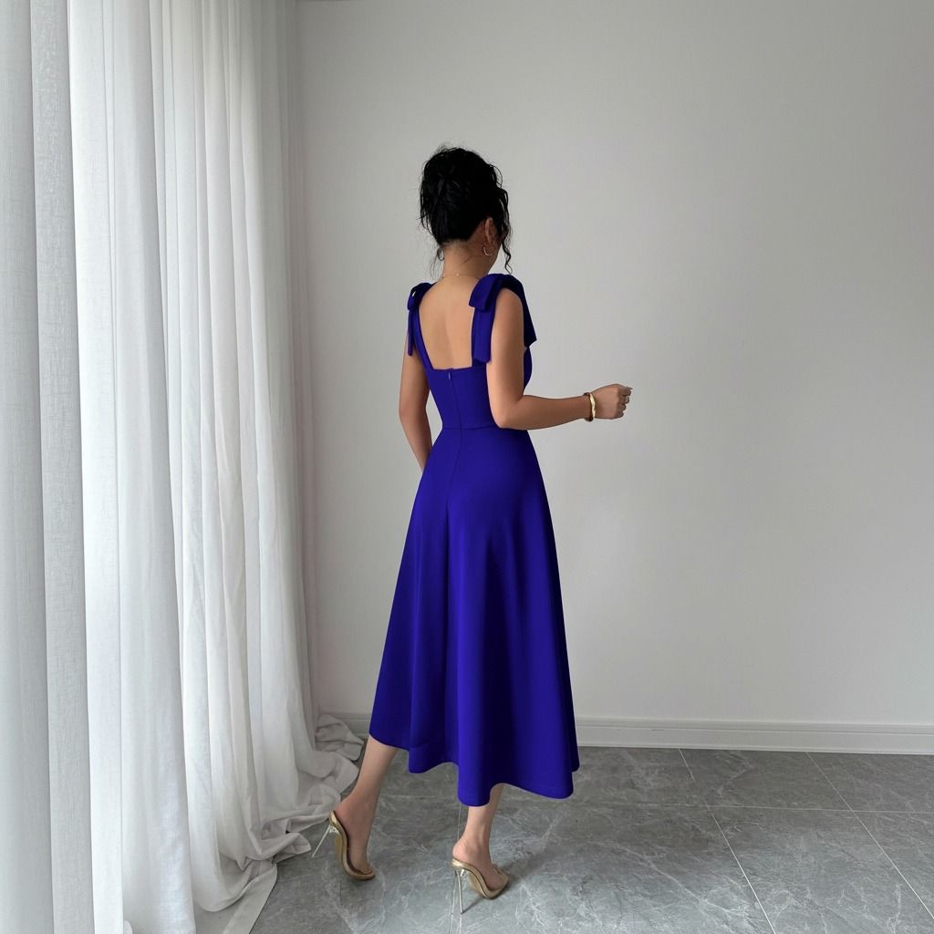Vista trasera del vestido midi azul rey mostrando espalda descubierta con corte recto y lazos en los tirantes