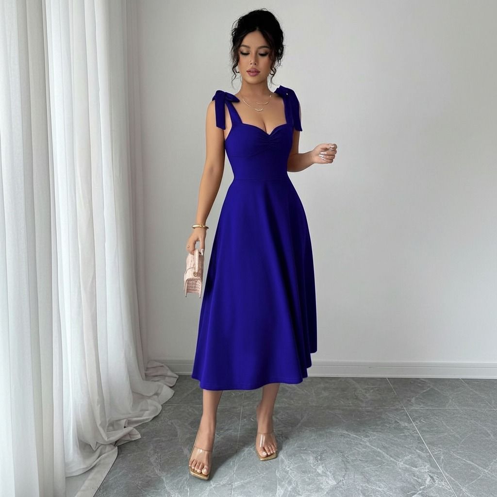 Vestido midi azul rey con falda evasé en movimiento, tirantes con lazo y escote corazón, vista lateral