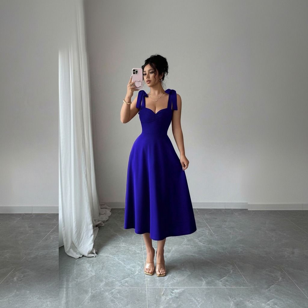 Selfie en espejo mostrando vestido midi azul rey con vuelo en la falda, tirantes de lazo y largo a media pantorrilla