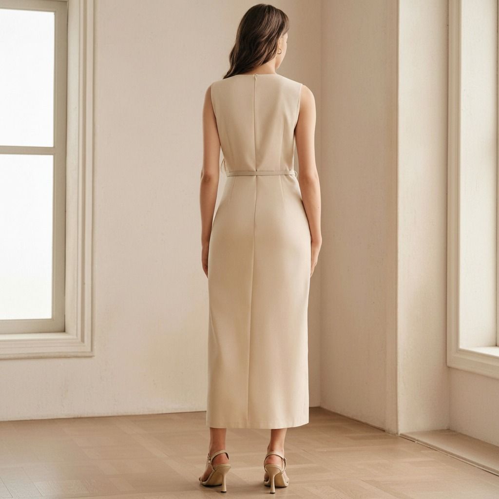 Vista trasera de vestido midi beige sin mangas con cierre central oculto y cinturón fino en la cintura