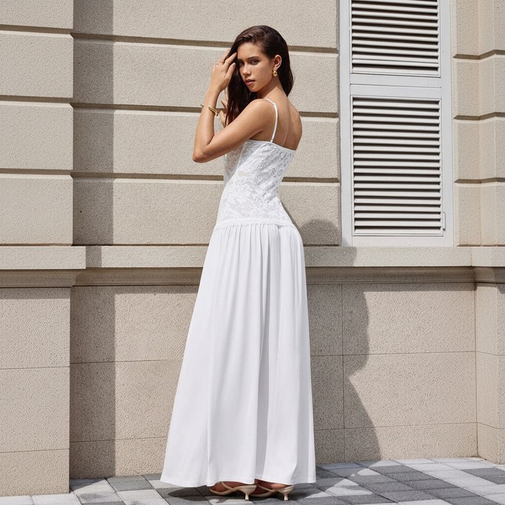Vista de espalda del vestido blanco largo con tirantes finos y falda fruncida desde la cadera