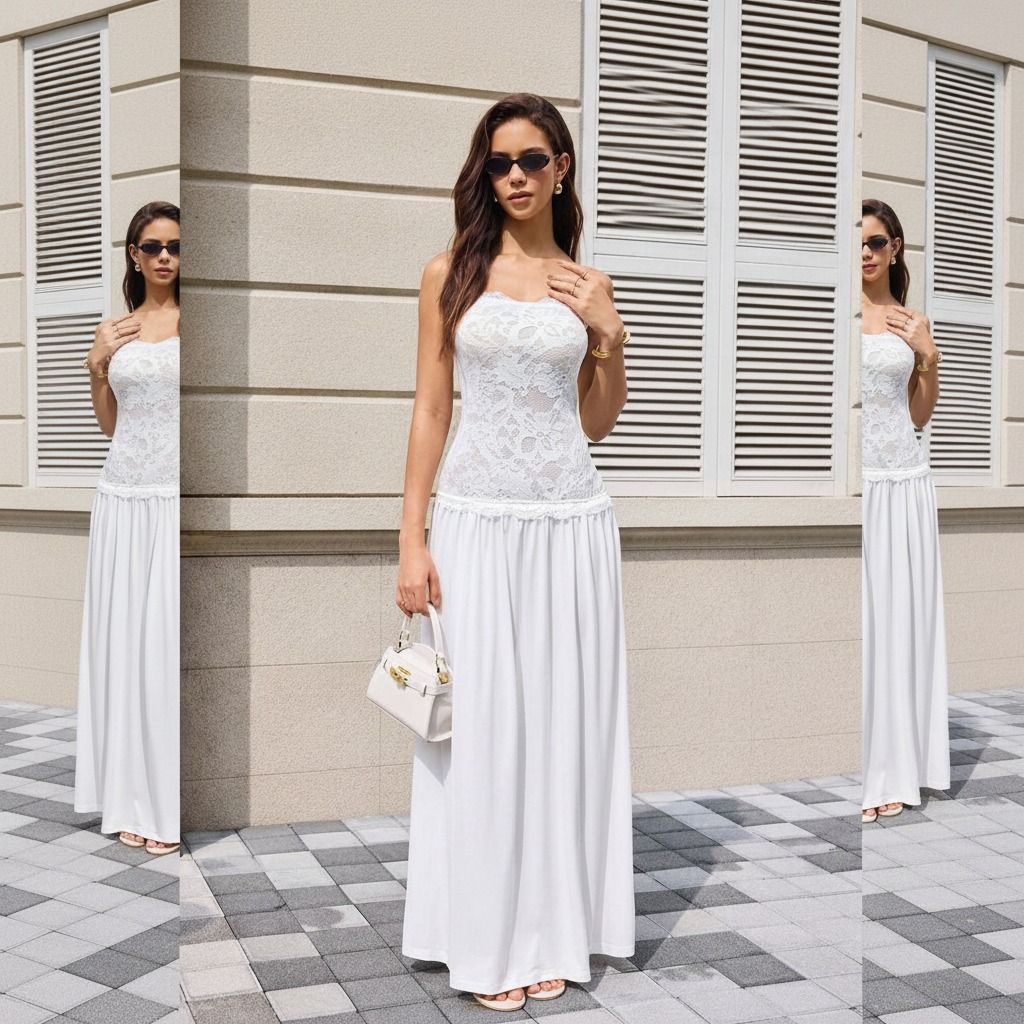 Composicion de tres tomas del vestido blanco largo mostrando cuerpo de encaje y falda fluida hasta el tobillo