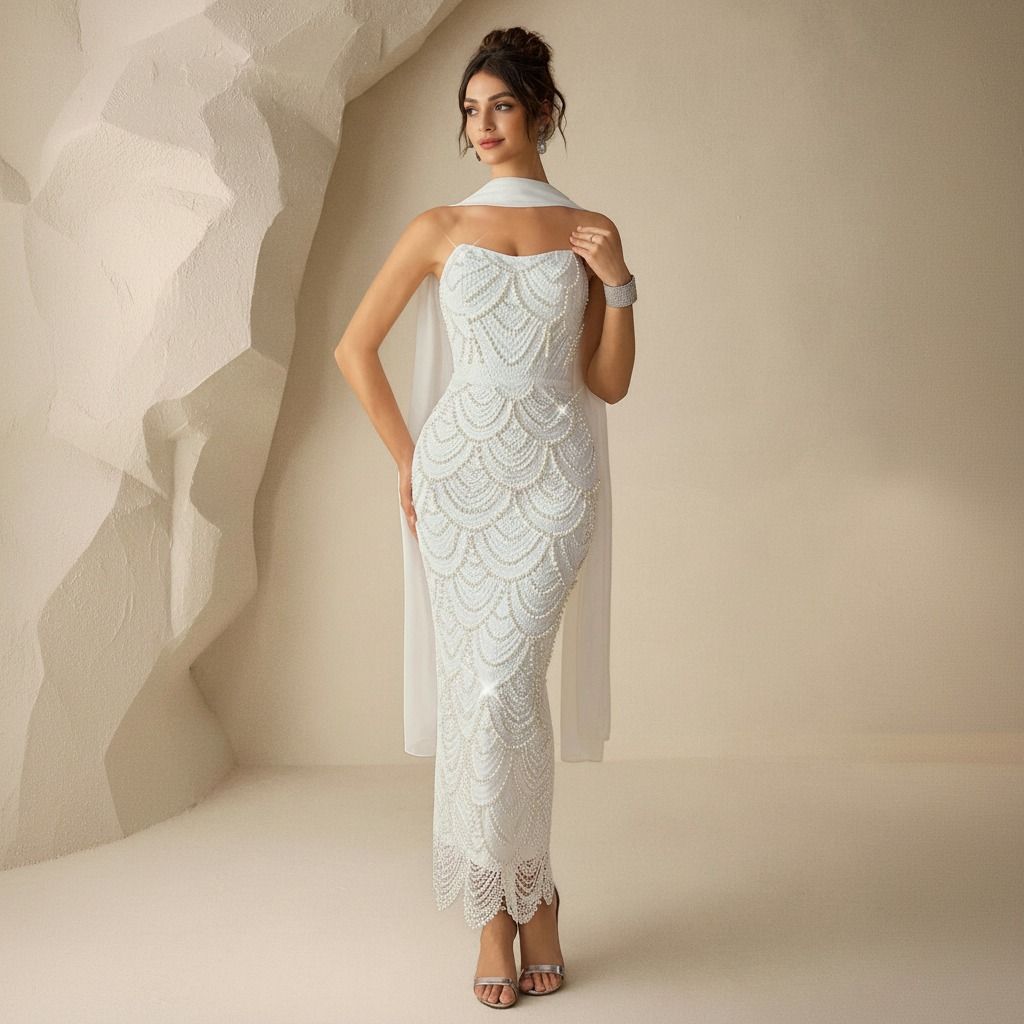 Vestido blanco maxi con perlas en escamas y capa de gasa al cuello visto de frente cuerpo completo