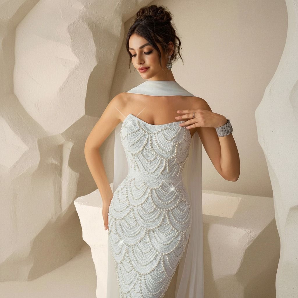 Vestido blanco strapless con bordado de perlas en patrón de escamas y capa de gasa blanca vista frontal cercana