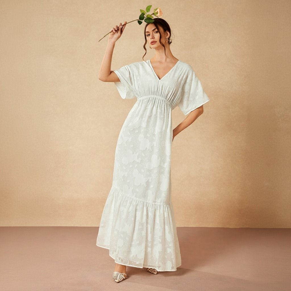 Vestido largo blanco con volante fruncido en el ruedo, fotografiado de cuerpo entero con flor en la mano