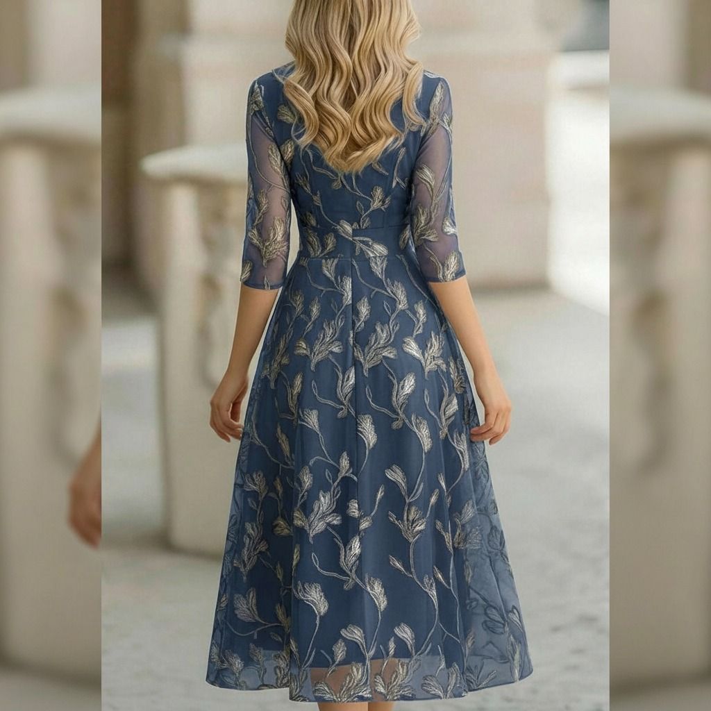 Vista posterior del vestido midi azul acero mostrando la espalda cerrada con tul bordado floral y falda evasé midi