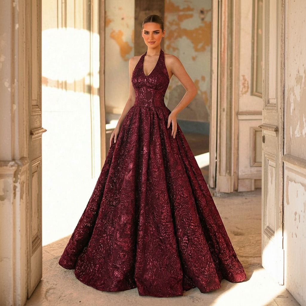 Vestido largo burdeos en brocado metálico con silueta A-line y volumen amplio en la falda