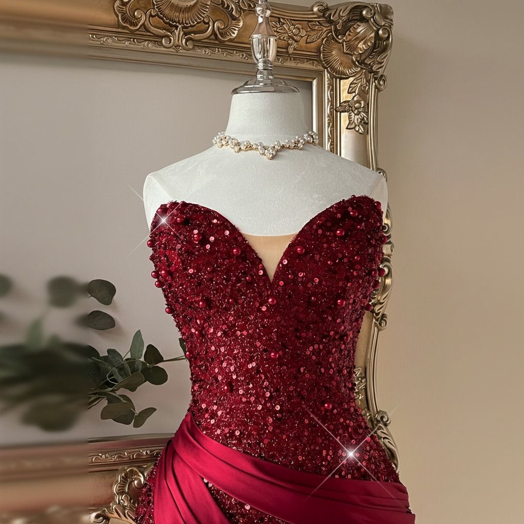 Detalle del escote corazón con lentejuelas y perlas esféricas burdeo aplicadas sobre el cuerpo del vestido