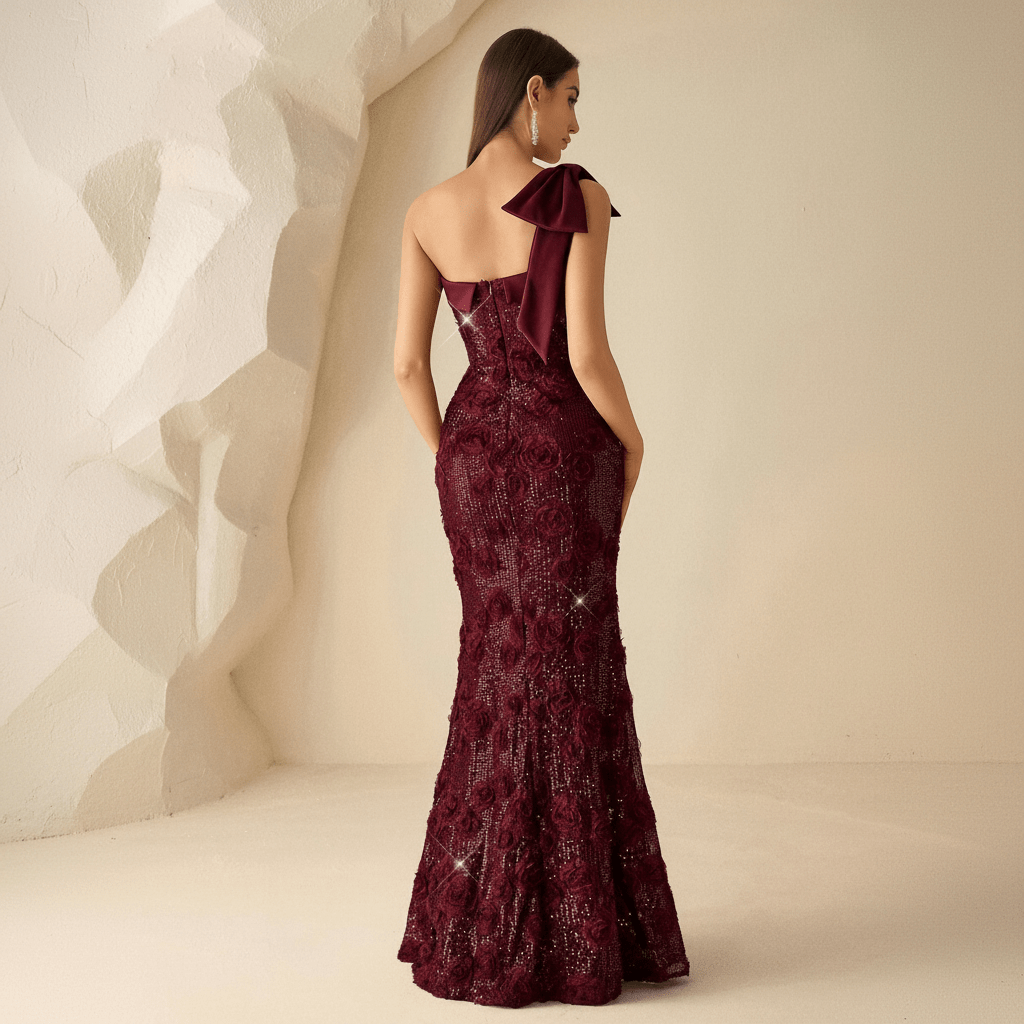 Vista posterior completa del vestido sirena burdeo con lazo satinado en el hombro y textura de apliques florales en toda la espalda