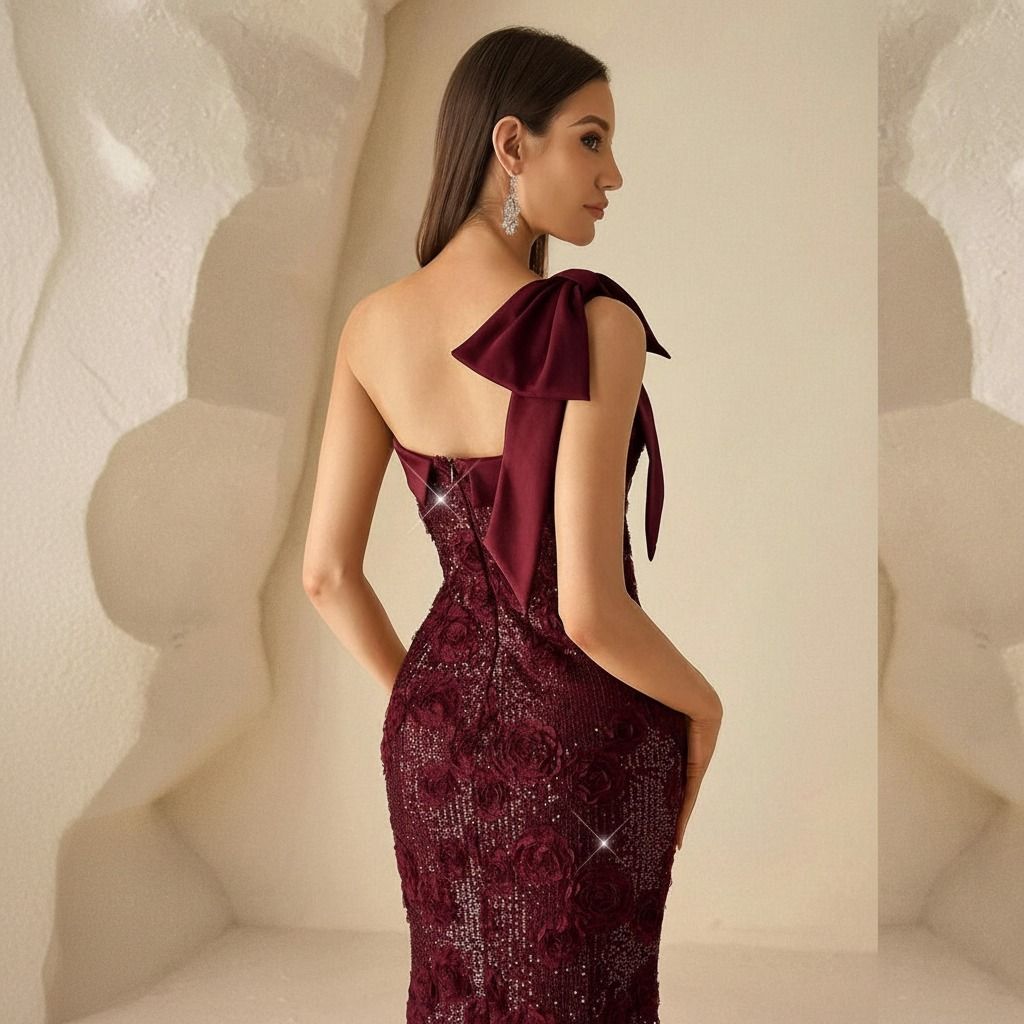 Detalle del lazo satinado sobre el hombro derecho y la textura de lentejuelas florales en la espalda superior del vestido burdeo