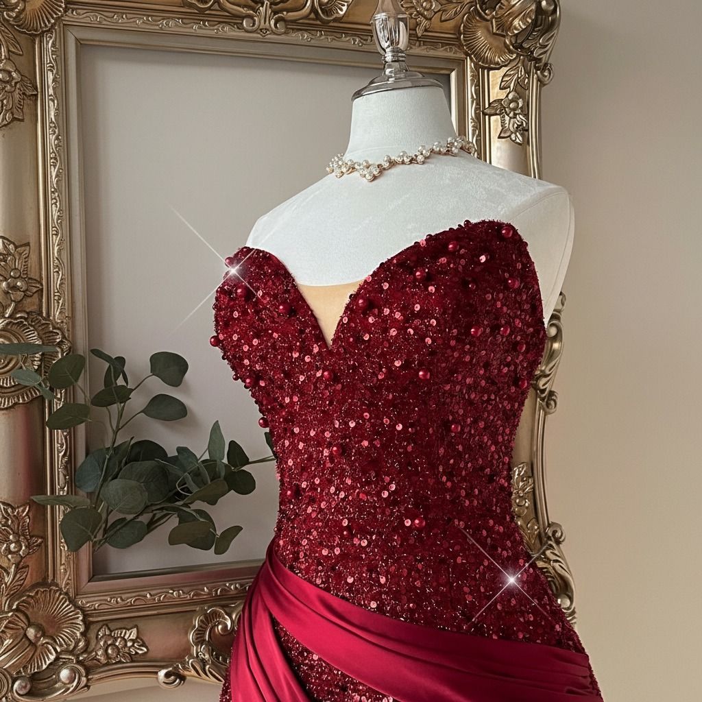 Vista lateral del cuerpo del vestido burdeo con perlas esféricas y lentejuelas sobre textura densa