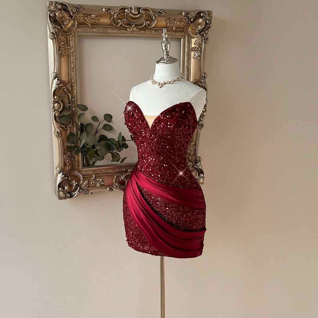 Vestido corto strapless burdeo con lentejuelas y banda satinada drapeada en ángulo frontal derecho