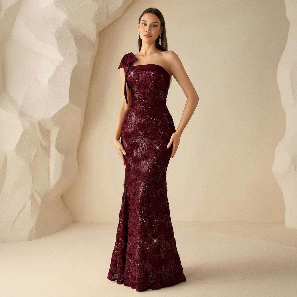 Vestido largo burdeo con lentejuelas y apliques florales, escote asimétrico un hombro, modelo de pie vista frontal
