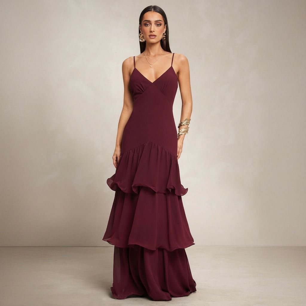 Modelo de pie con vestido largo burdeos de tirantes, silueta sirena y volantes amplios hasta el suelo