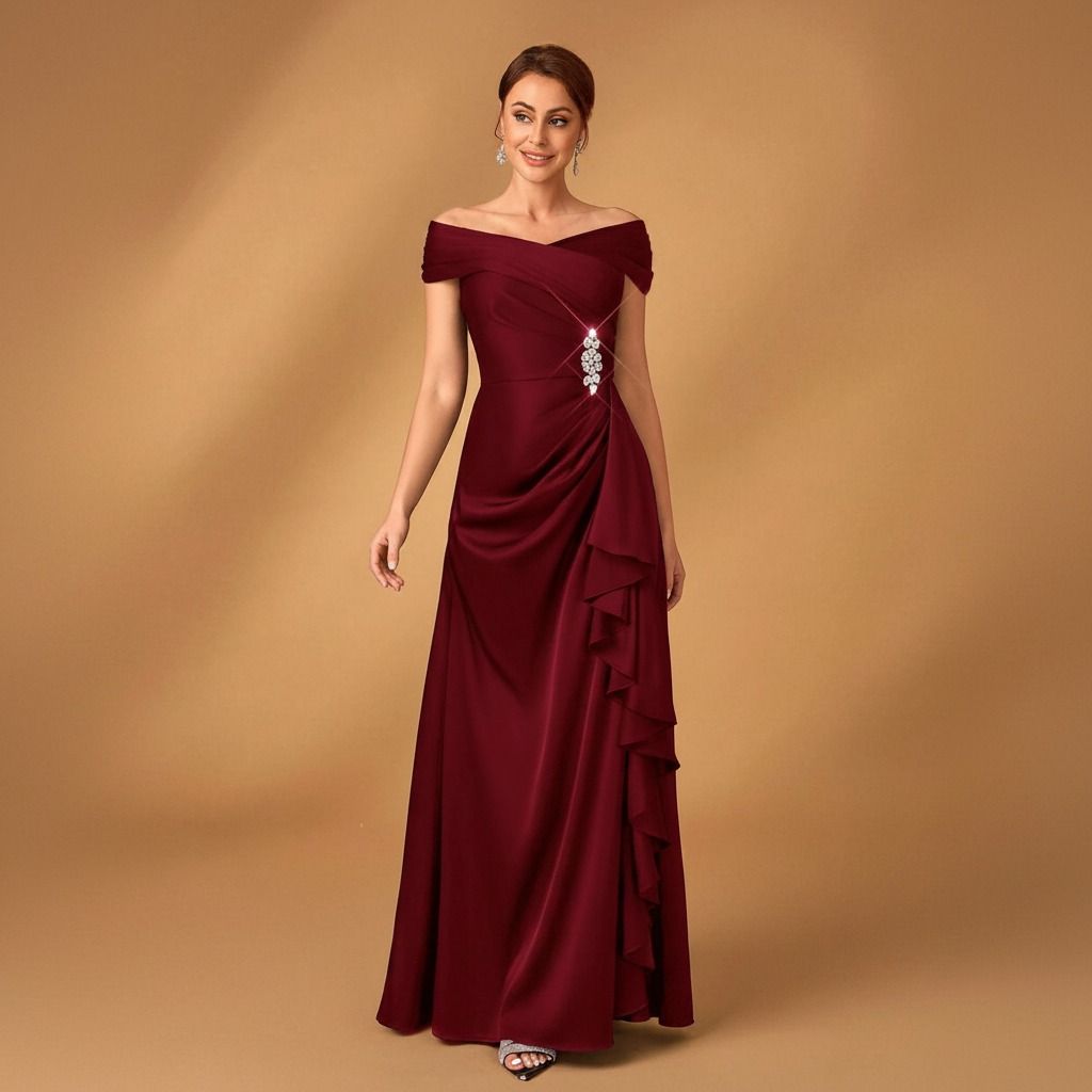 Vestido largo burdeos con escote off-shoulder cruzado, broche de cristales y volante lateral, vista frontal completa