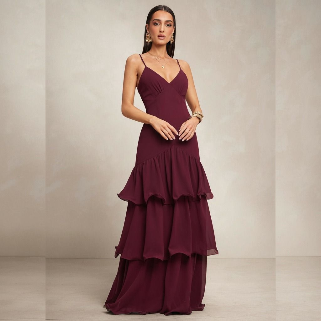 Vestido largo color burdeos con cuerpo ajustado, escote V cruzado y falda de tres volantes escalonados