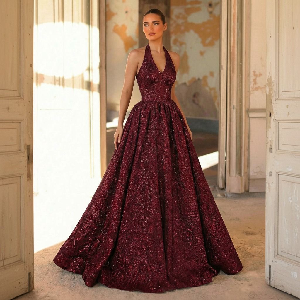 Vestido de gala burdeos en brocado con brillo metálico, cuello halter y falda amplia hasta el suelo