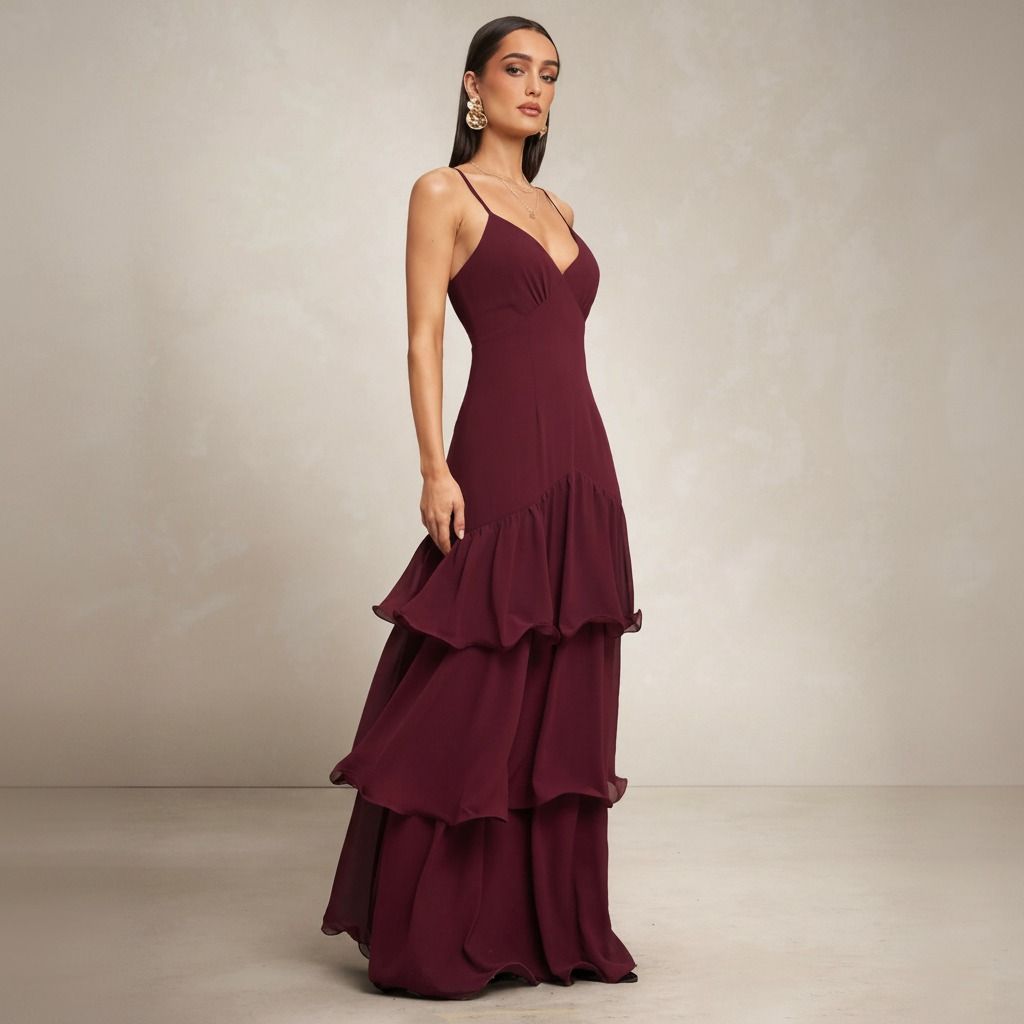 Vista lateral de vestido largo burdeos con cuerpo ceñido y falda de volantes escalonados en gasa