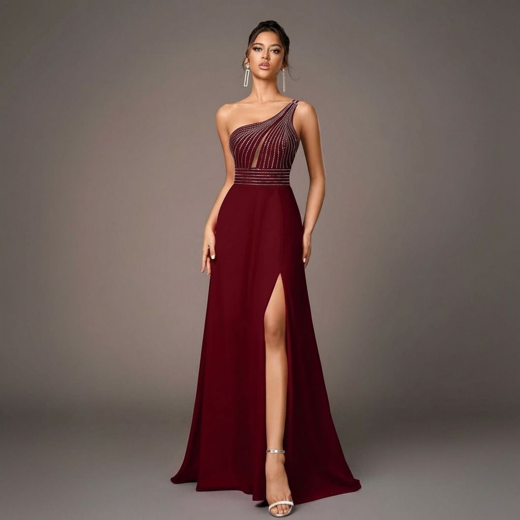 Vestido largo burdeos con escote un hombro y corpiño de pedrería plateada, vista frontal con abertura lateral