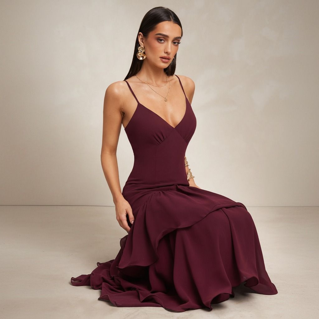Modelo sentada con vestido largo burdeos mostrando escote V cruzado y volantes de gasa extendidos