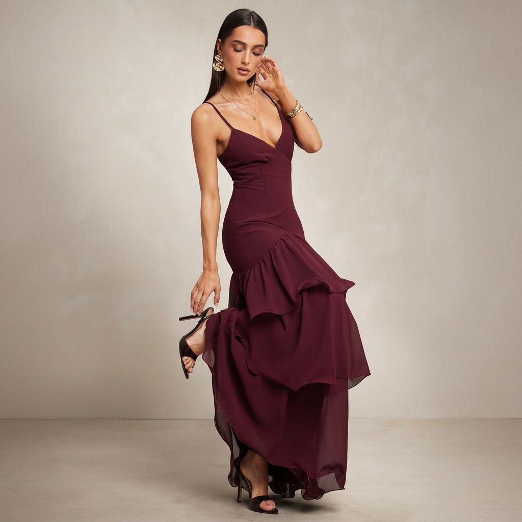 Vestido largo burdeos con escote V, tirantes finos y falda de volantes en gasa, vista frontal en movimiento