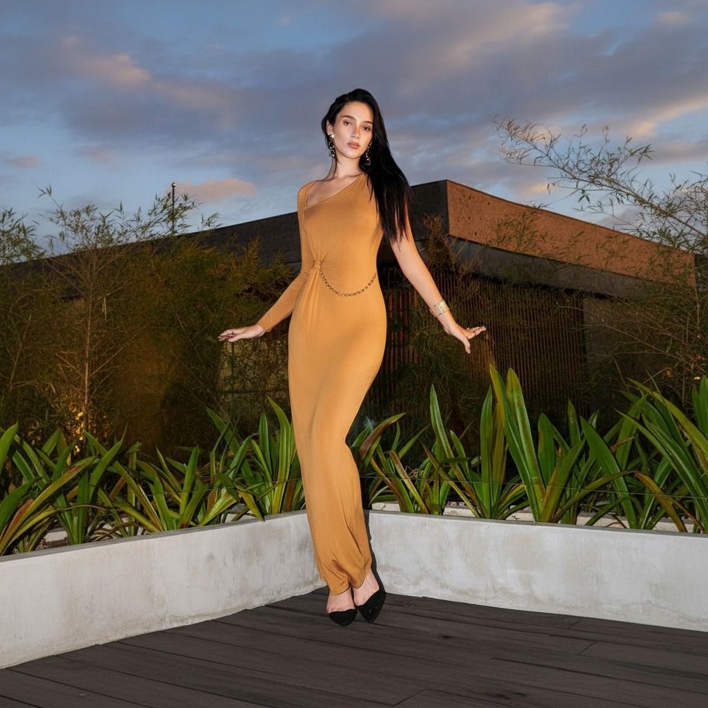 Vestido camel de largo maxi con escote asimétrico y hombro derecho descubierto, brazos extendidos al atardecer