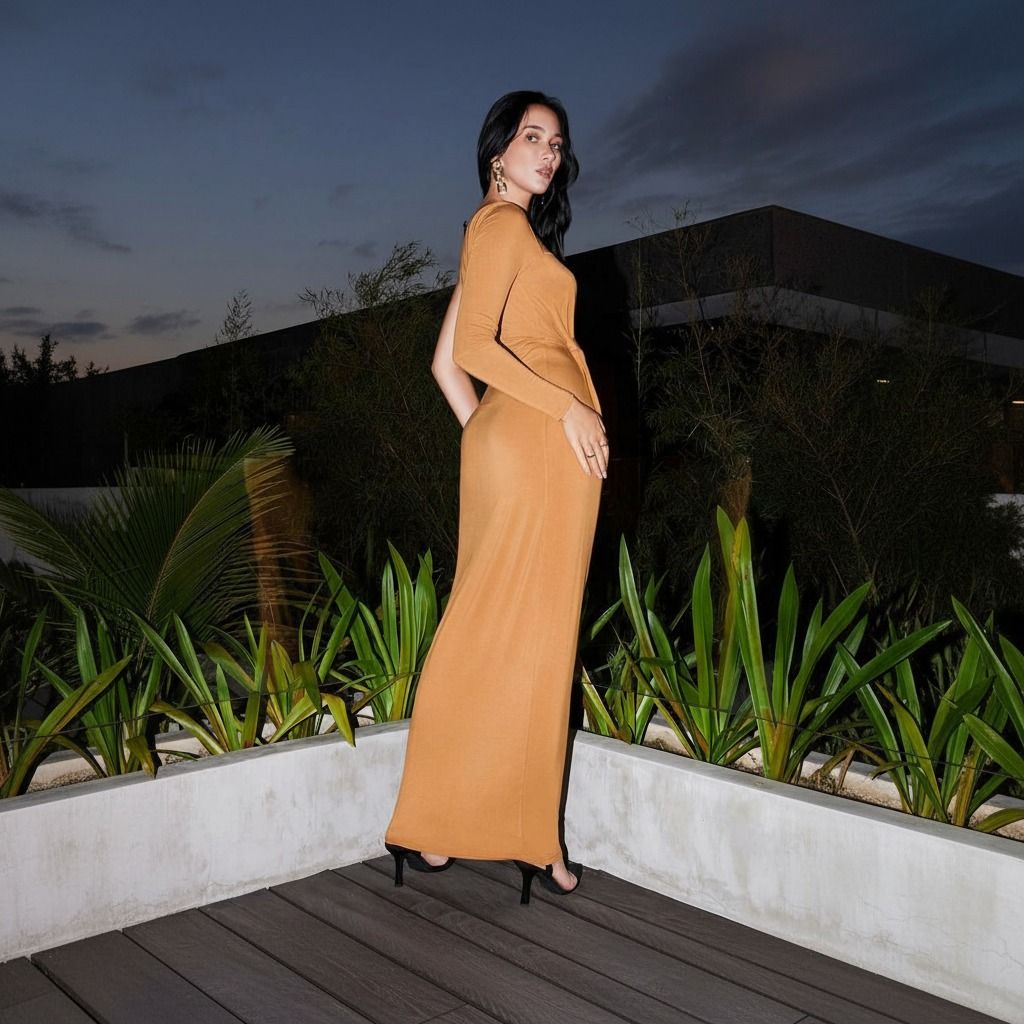 Vista de perfil del vestido maxi camel ajustado, mostrando la caída recta del punto elástico hasta el tobillo