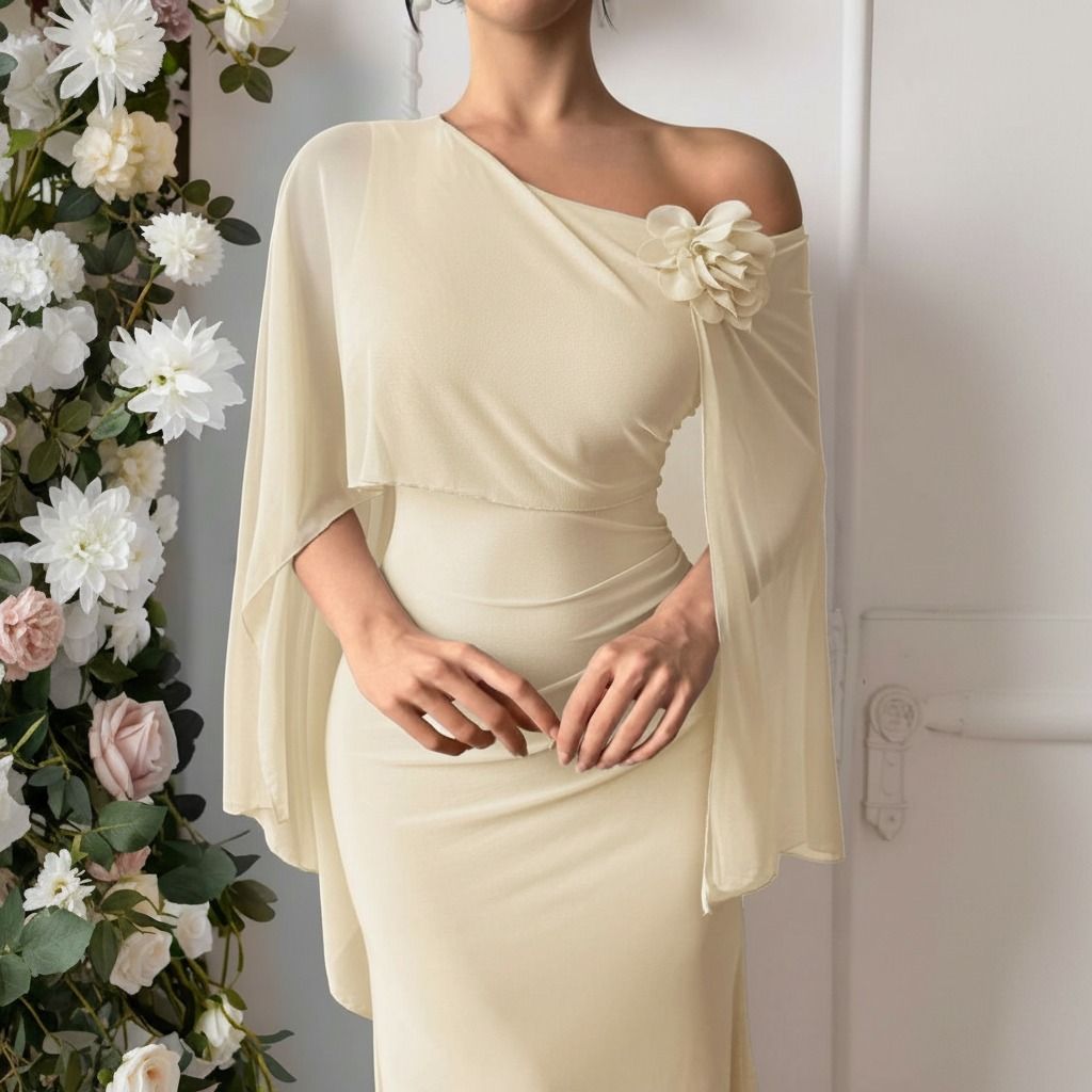 Detalle frontal del vestido beige con capa de gasa, hombro descubierto y flor de tela aplicada sobre el hombro