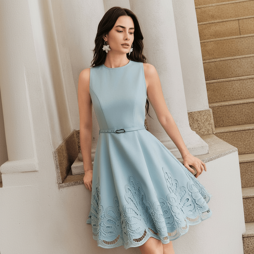 Vestido celeste sin mangas con cinturón fino, falda con vuelo y bordado calado floral en el ruedo