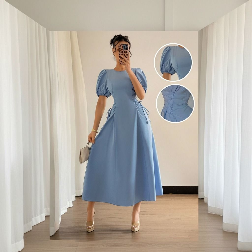 Vestido midi celeste con mangas globo y corsé lateral con lazos, vista frontal completa en espejo