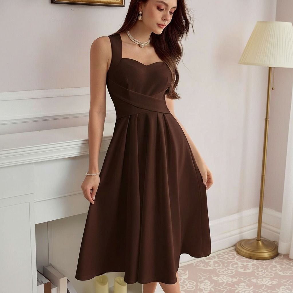 Detalle del escote corazón y drapeado cruzado en la cintura del vestido midi chocolate