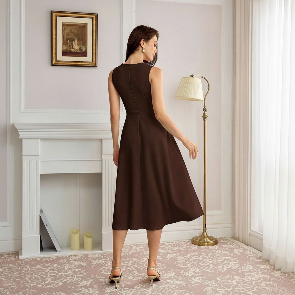 Vista posterior del vestido midi chocolate con espalda lisa, cierre central y falda evasé