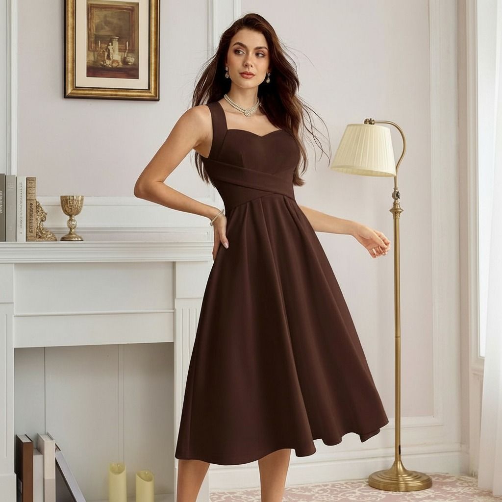 Modelo de pie con vestido midi evasé chocolate oscuro mostrando silueta completa y falda amplia