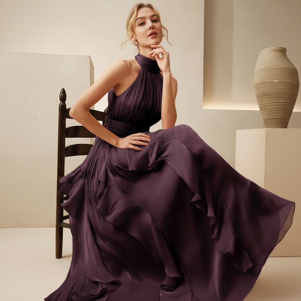 Modelo sentada con vestido largo ciruela de cuello halter y falda de gasa plisada extendida