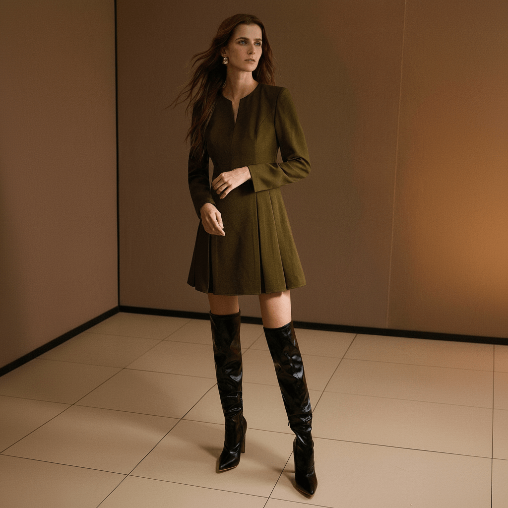 Modelo con vestido corto verde oliva plisado y botas negras altas, vista frontal cuerpo entero en fondo neutro