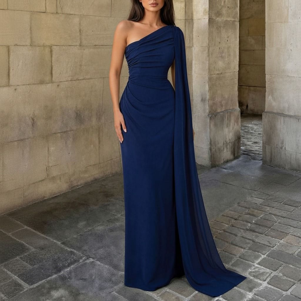 Vestido azul marino con drapeado en el torso y capa de gasa lateral, vista frontal de cuerpo completo