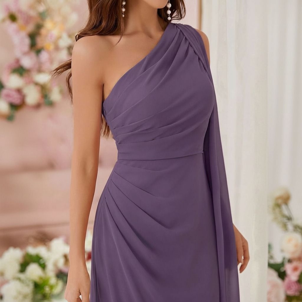 Detalle del drapeado diagonal en torso y cadera de vestido lila oscuro de gasa con escote un hombro