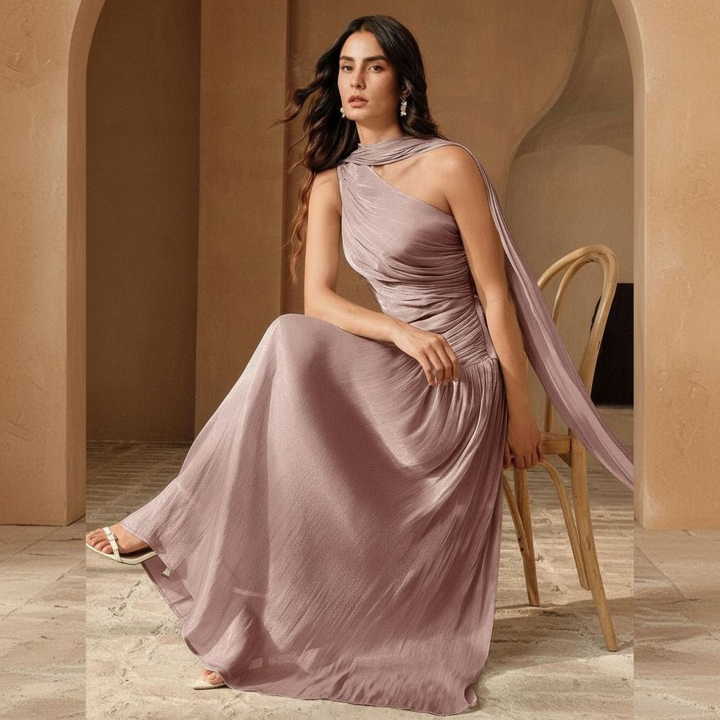 Modelo sentada con vestido maxi drapeado rosa antiguo de un hombro con capa lateral y falda fluida